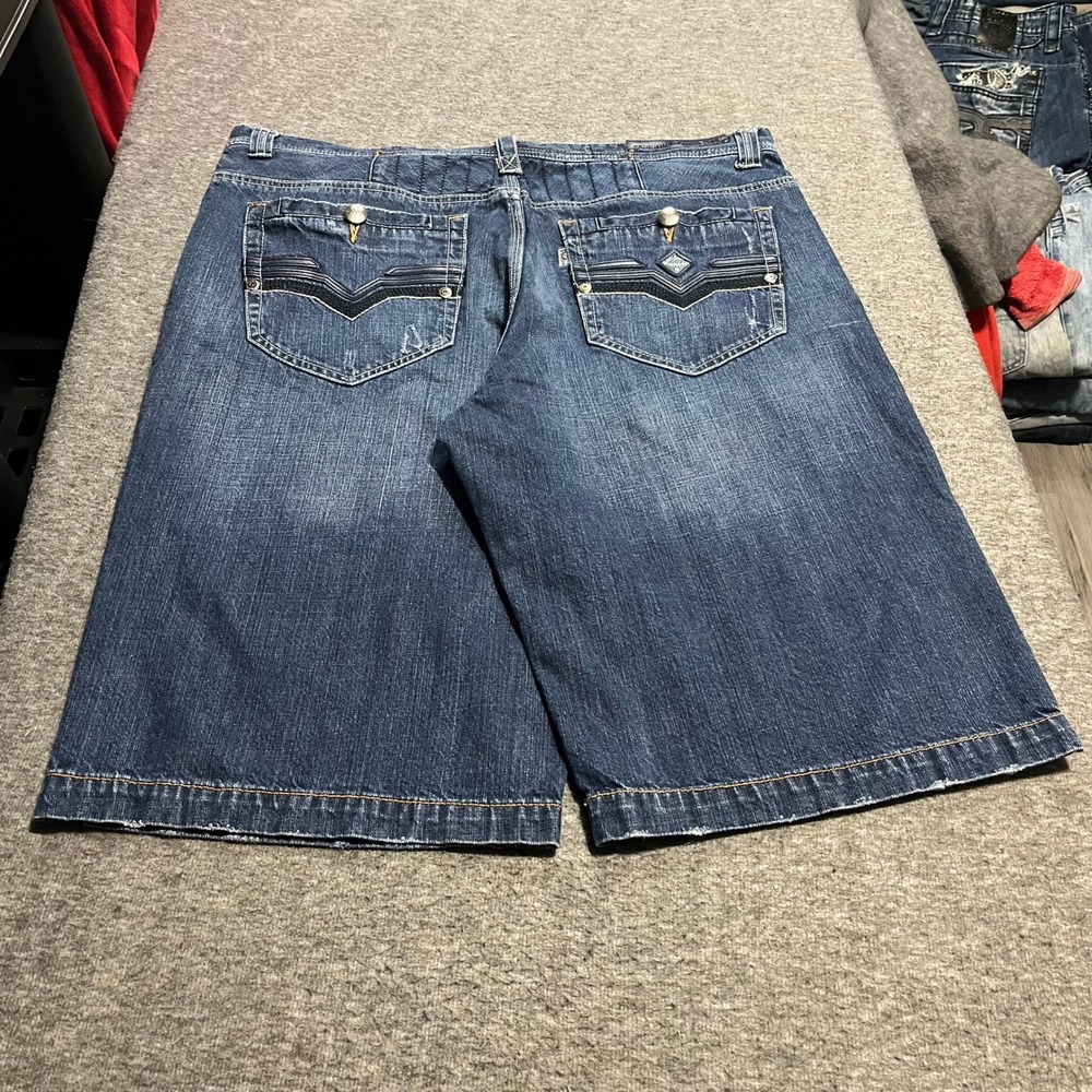 Parish Nation Mens Baggy Denim Shorts Blue Embroidered Y2K Streetwear Size 38
